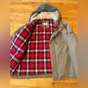 Flannel-lined trucker jacket with hood